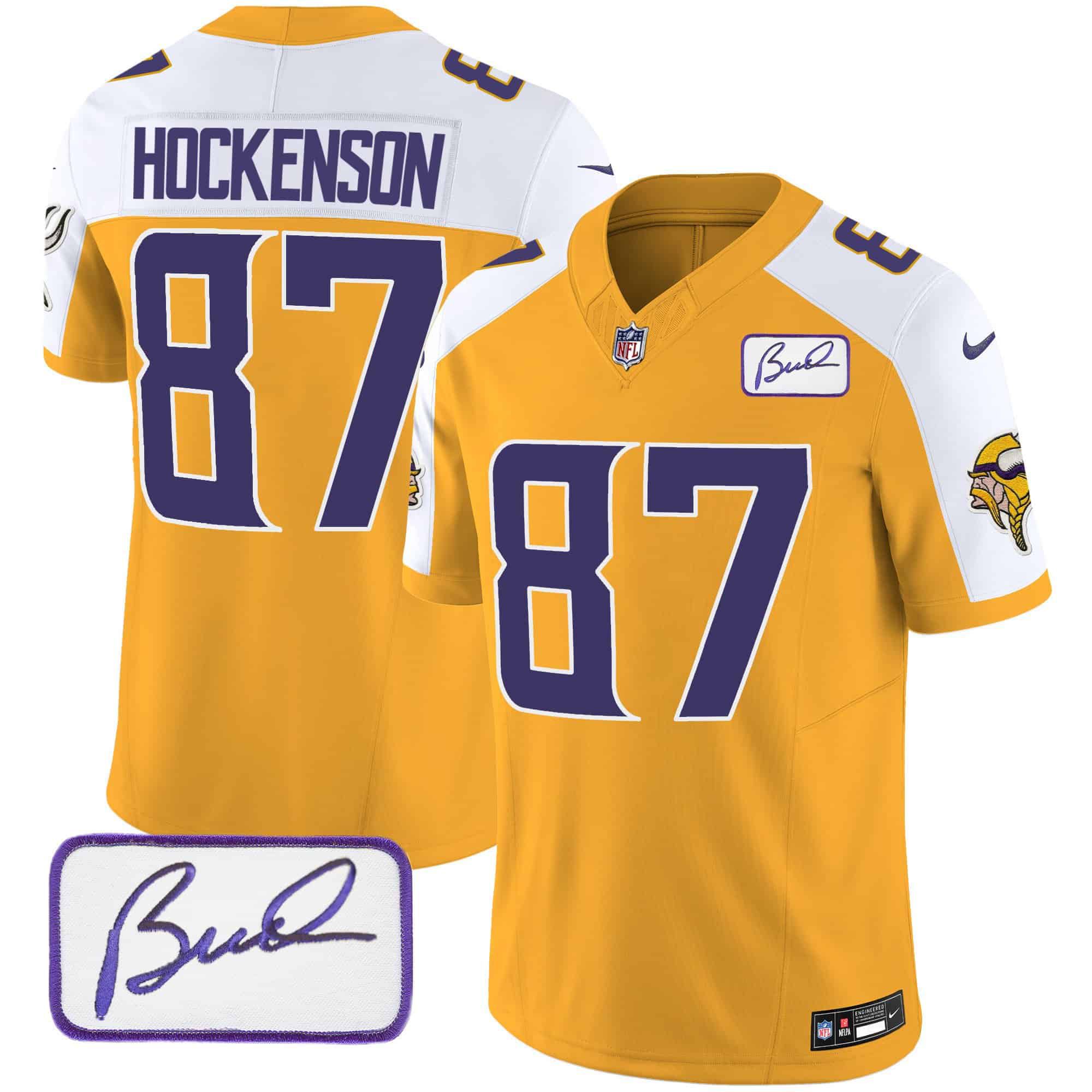 Men Minnesota Vikings #87 Hockenson Yellow 2024 Nike Bud Grant Patch Classic Limited NFL Jersey style 1